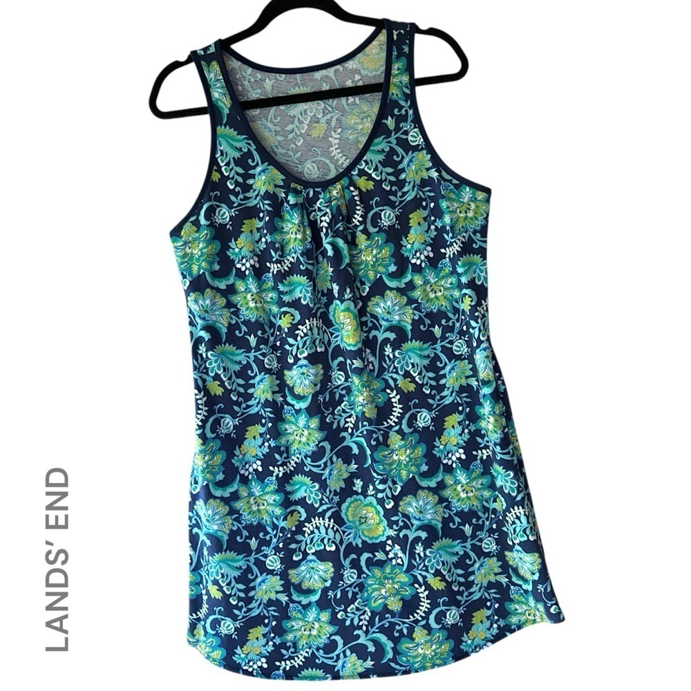 LANDS’ END | NWOT FLORAL COTTON TANK DRESS COVERUP NAVY BLUE & GREEN | MEDIUM